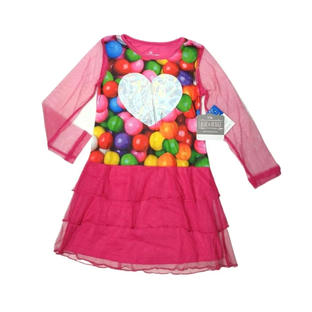 NWT Girls 7 8 Chloe & Olivia‎ Candy Nightgown Pink Sheer Sleeves Gumball Intimo